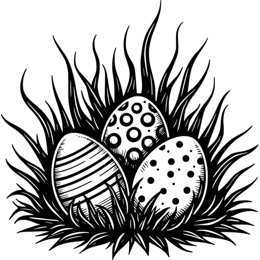 Three decorated Easter eggs surrounded by grass.