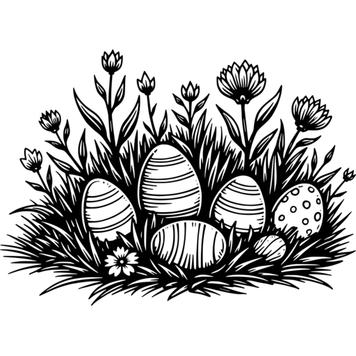 A collection of Easter eggs hidden in a garden filled with flowers and grass.