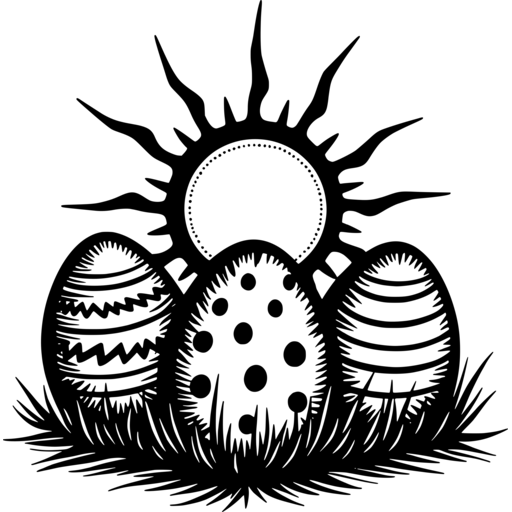 Illustration of decorated Easter eggs in grass with a sun behind.