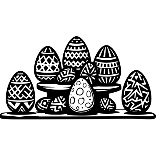 A collection of patterned Easter eggs arranged on a table.