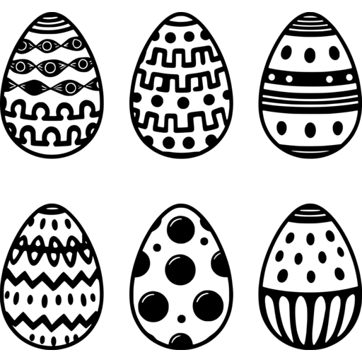 A pattern of six decorated Easter eggs in black and white.