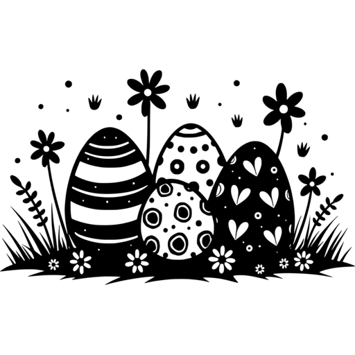 A black and white illustration of decorated Easter eggs surrounded by flowers and grass.