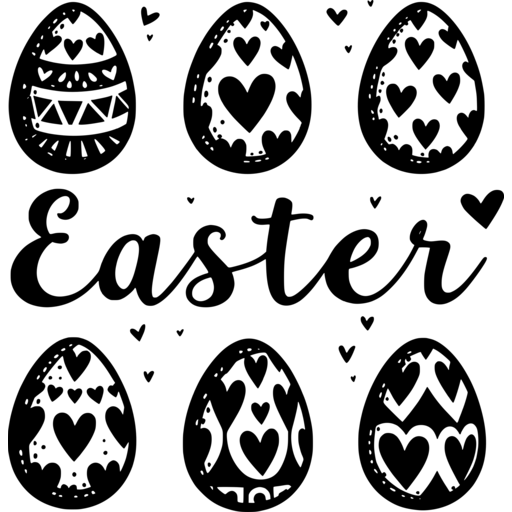 A collection of Easter eggs decorated with heart patterns and the word 'Easter' in a decorative font.