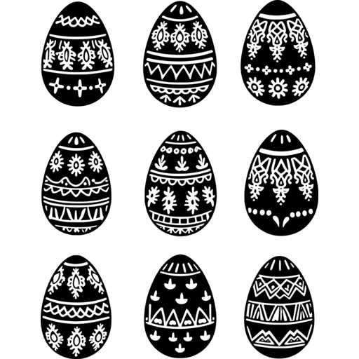 A collection of black Easter eggs adorned with white lace patterns.