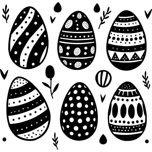 A collection of Easter eggs featuring intricate patterns in black and white.