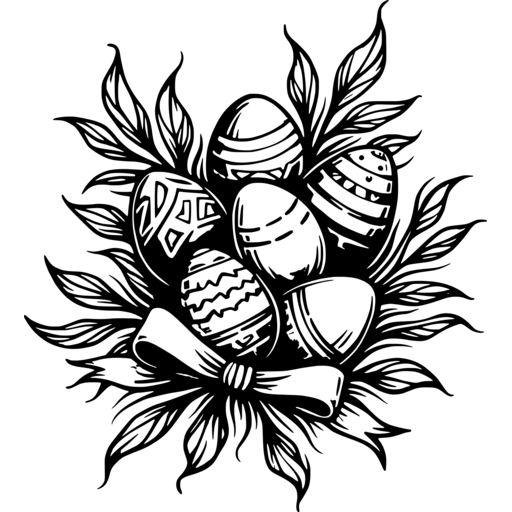 A collection of decorated Easter eggs surrounded by leaves and a ribbon.