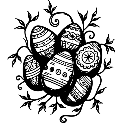 A cluster of decorative Easter eggs entwined with vines.