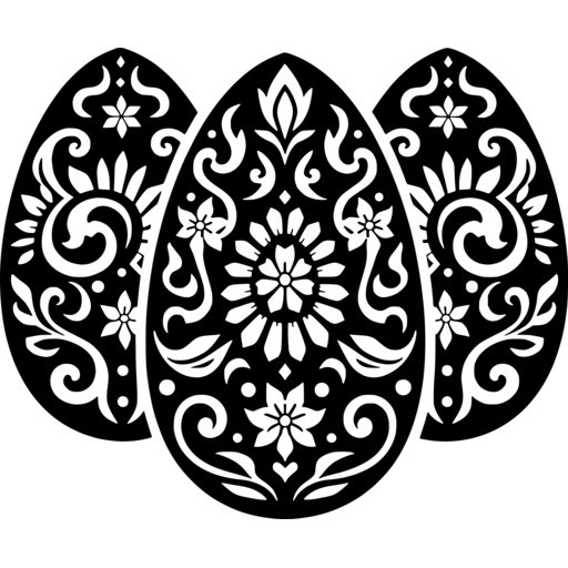 A design of three ornate Easter eggs with intricate floral patterns.
