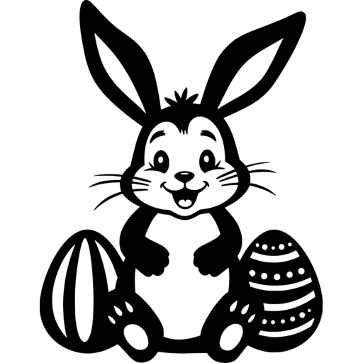 A playful Easter bunny sitting with decorated eggs.