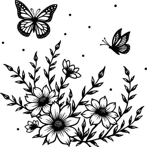 A black and white illustration of flowers and butterflies, creating a spring atmosphere.