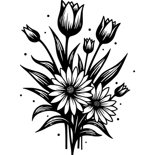 A bouquet of spring flowers, including tulips and daisies, in a stylish black and white illustration.