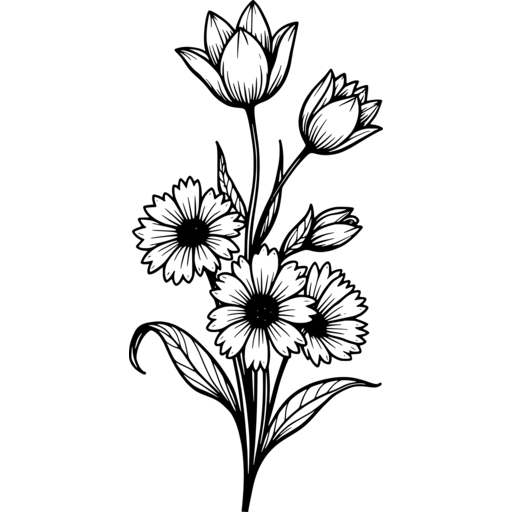 Illustration of spring flowers with various blooms and leaves