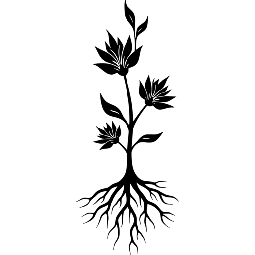A black silhouette of a flowering plant with roots, symbolizing spring growth.