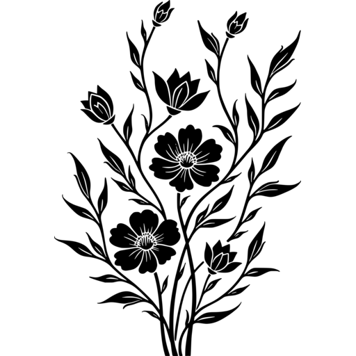 A black silhouette of various blooming flowers and leaves representing spring harmony.