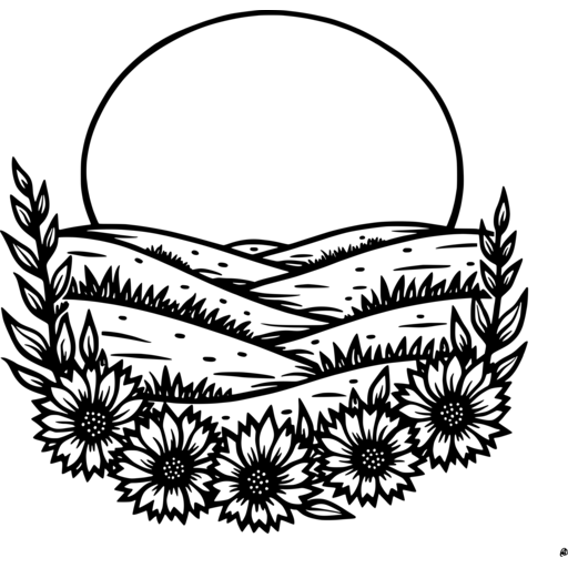 Black and white illustration of a spring horizon with fields and sun surrounded by flowers.