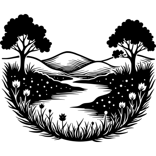 A spring landscape featuring trees, mountains, and flowering plants near a river.