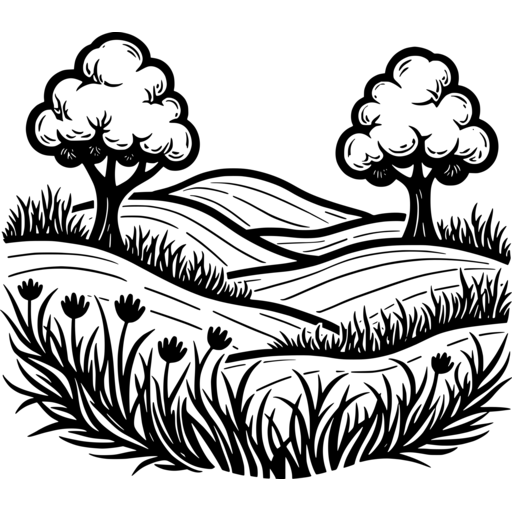 A black and white illustration of a spring meadow with trees and flowers.