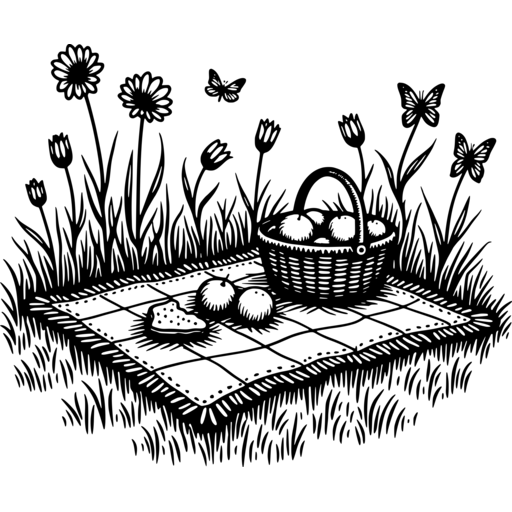 Black and white illustration of a picnic basket and snacks in a grassy field with flowers and butterflies.