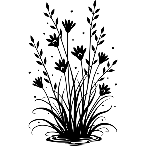 A black silhouette of flowers and grass reflected in water, showcasing a spring theme.