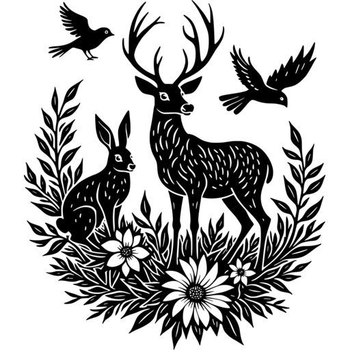 Illustration of a deer, rabbit, and birds surrounded by flowers and foliage, representing spring wildlife.