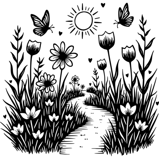 A scenic spring pathway surrounded by wildflowers, butterflies, and a shining sun.