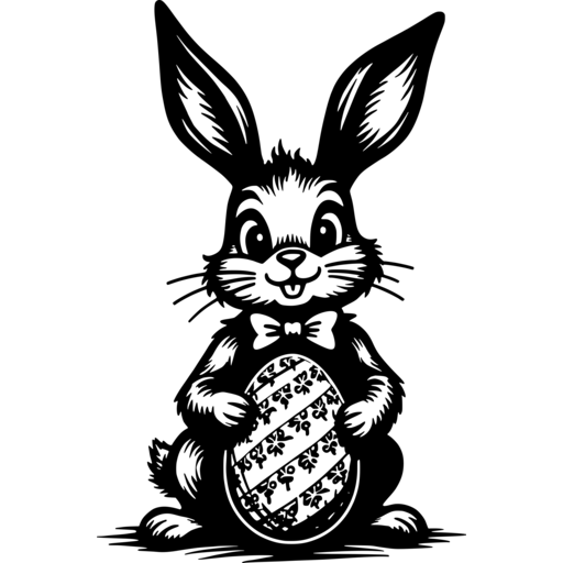 A vintage-style easter bunny holding a decorated egg.