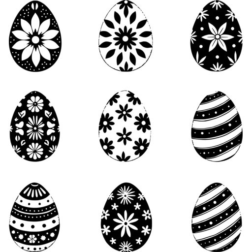 Collection of vintage-style Easter eggs in black and white, featuring floral and striped patterns.