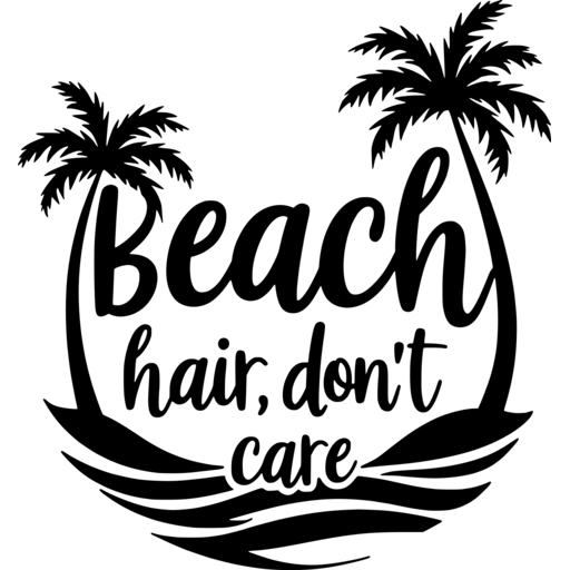 Stylish graphic with the words 'Beach hair, don't care' surrounded by palm trees and waves.