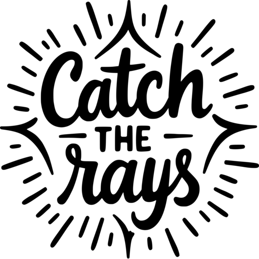 A stylish graphic design featuring the phrase 'Catch the rays' surrounded by decorative sun rays.