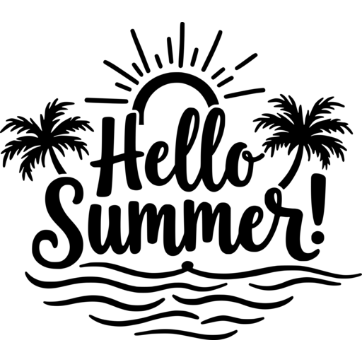 Hello, summer! text design with sun and palm trees.