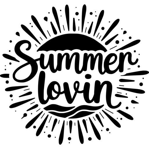 A circular design featuring the words 'Summer lovin’' with sunburst and wave elements.