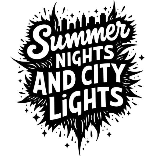 Artistic text design featuring 'Summer Nights and City Lights' with a city skyline silhouette.