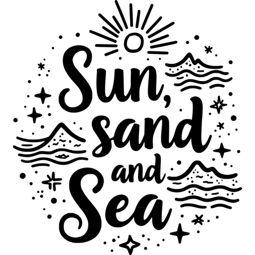 A decorative design featuring the words 'Sun, sand, and Sea' surrounded by waves and a sun.
