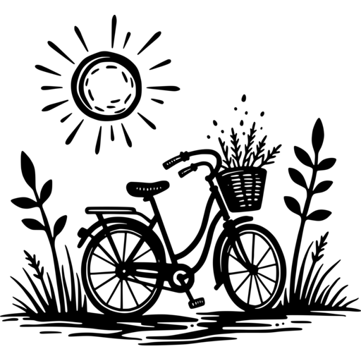 Black and white illustration of a bicycle with a flower basket under the sun surrounded by plants