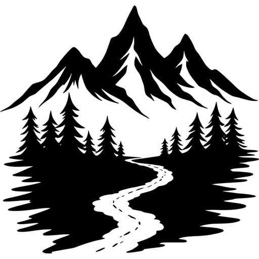 Silhouette of a winding hiking path through pine trees with mountains in the background