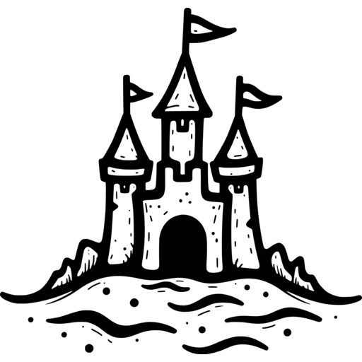 Hand-drawn summer sandcastle with flags on a sandy base