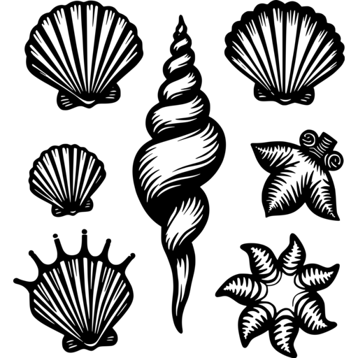 Black and white illustration of various summer seashells including scallop shells, a spiraled shell, and starfish.