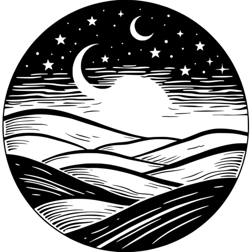 Black and white circular design of rolling hills under a crescent moon and starry summer night sky