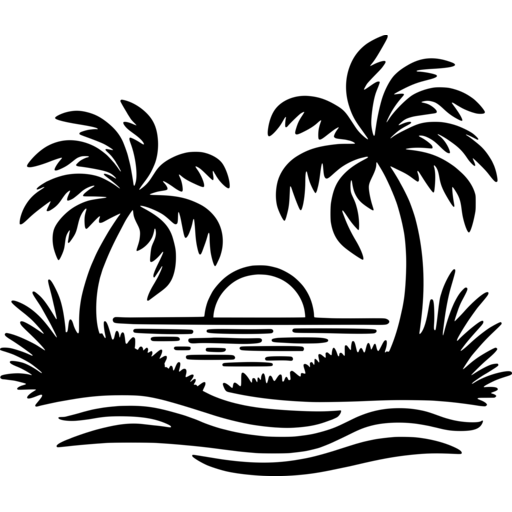 Silhouette of two palm trees with a setting sun over water and grassy shore