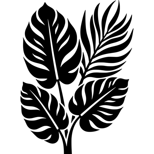 Black silhouette of various summer tropical leaves with detailed cutouts